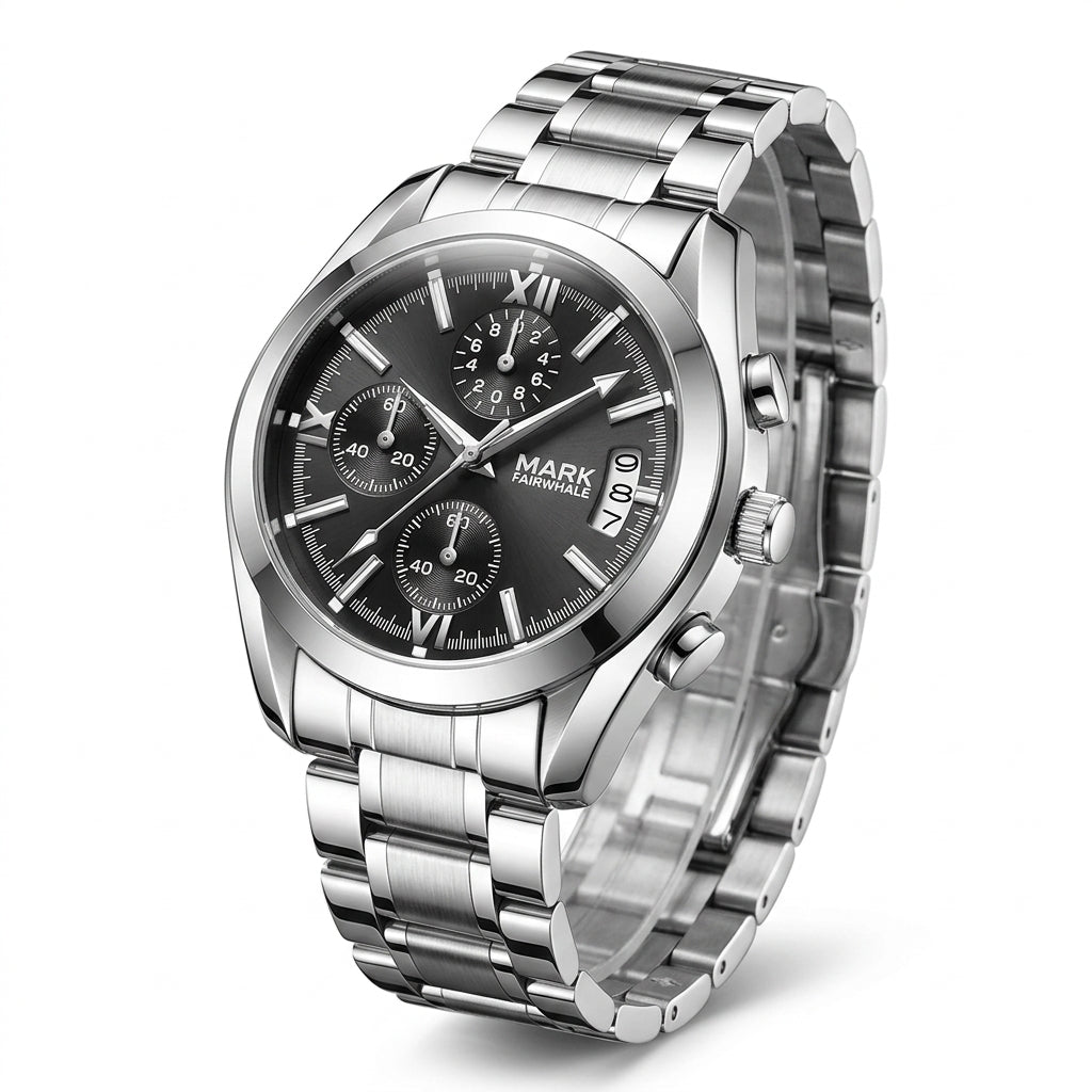 Silver wristwatch with a black dial on a white background