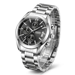 Silver wristwatch with a black dial on a white background