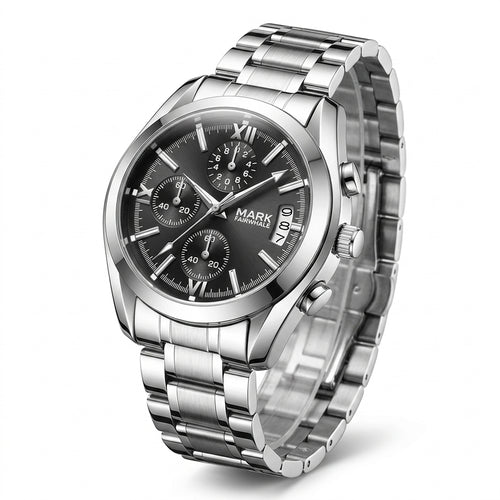 Silver wristwatch with a black dial on a white background