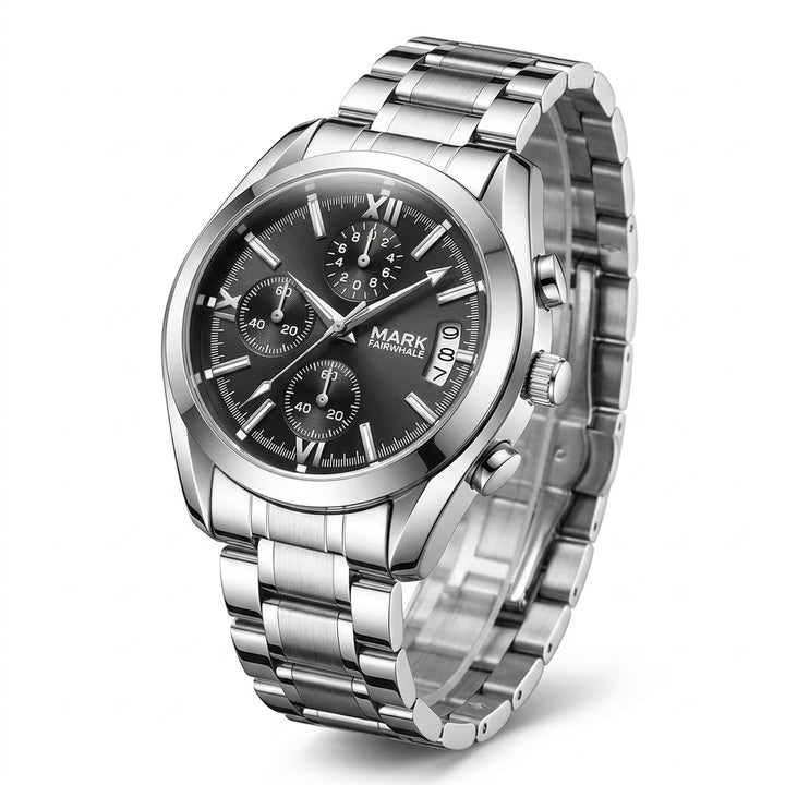 Silver wristwatch with a black dial on a white background