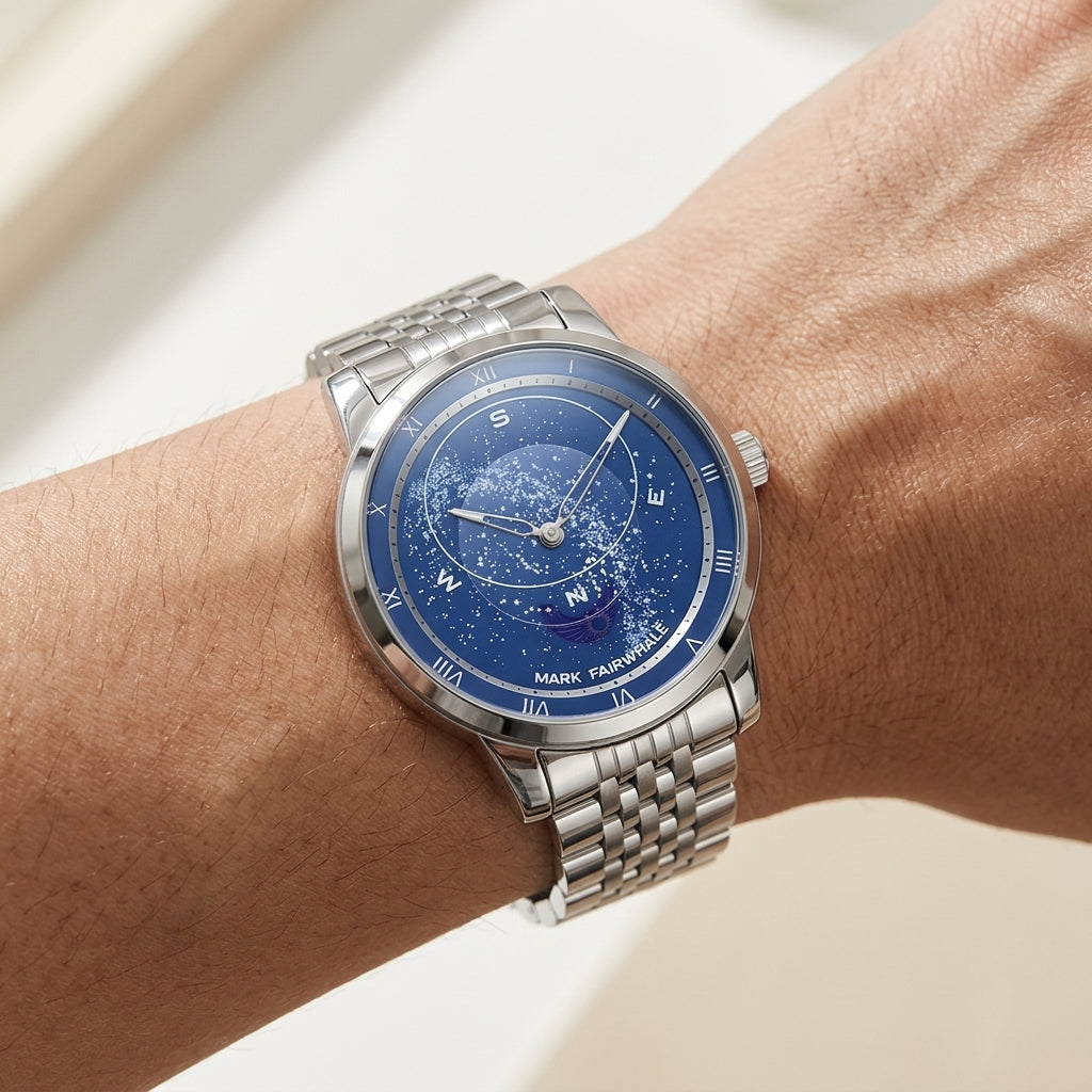 Silver watch with a blue face on a wrist against a neutral background
