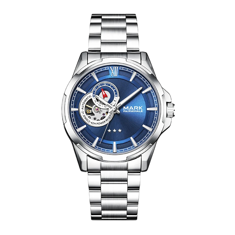 Silver watch with blue dial on a white background