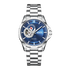 Silver watch with blue dial on a white background