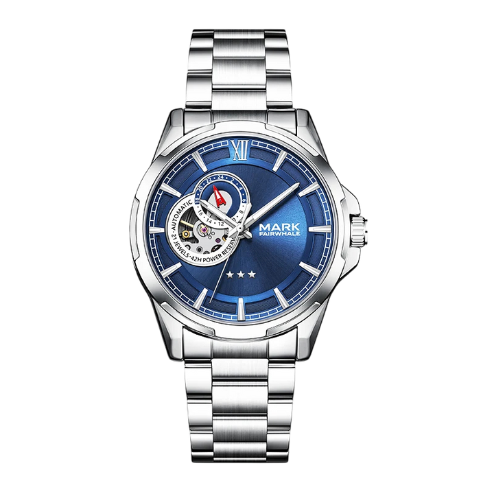 Silver watch with blue dial on a white background