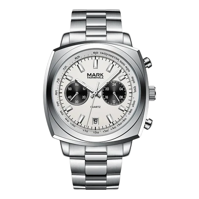 Silver watch with a detailed face on a white background