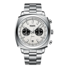 Silver watch with a detailed face on a white background