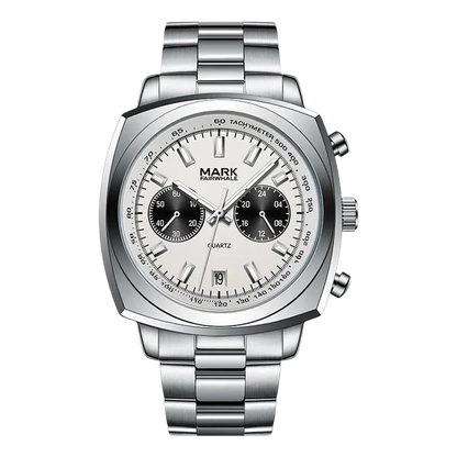 Silver watch with a detailed face on a white background