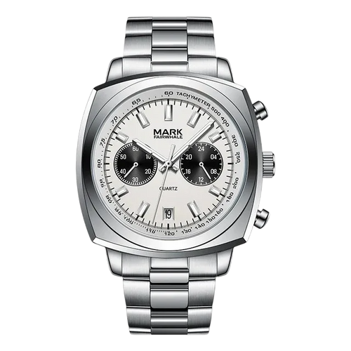 Silver watch with a detailed face on a white background