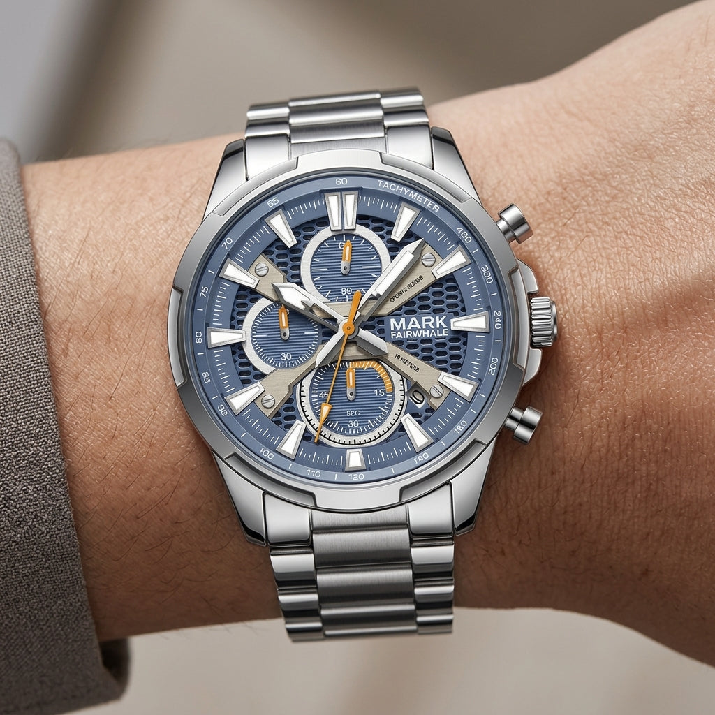 Silver watch with a blue face on a wrist against a neutral background