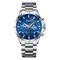 Silver watch with a blue face on a white background