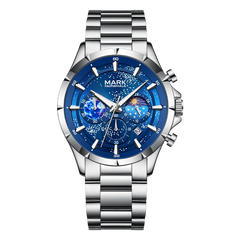 Silver watch with a blue face on a white background