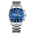 Silver watch with a blue face on a white background