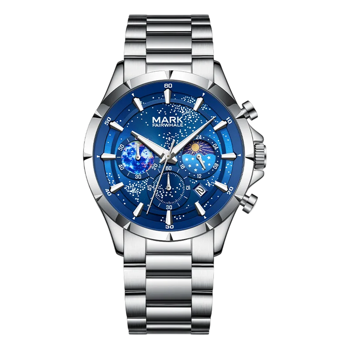 Silver watch with a blue face on a white background
