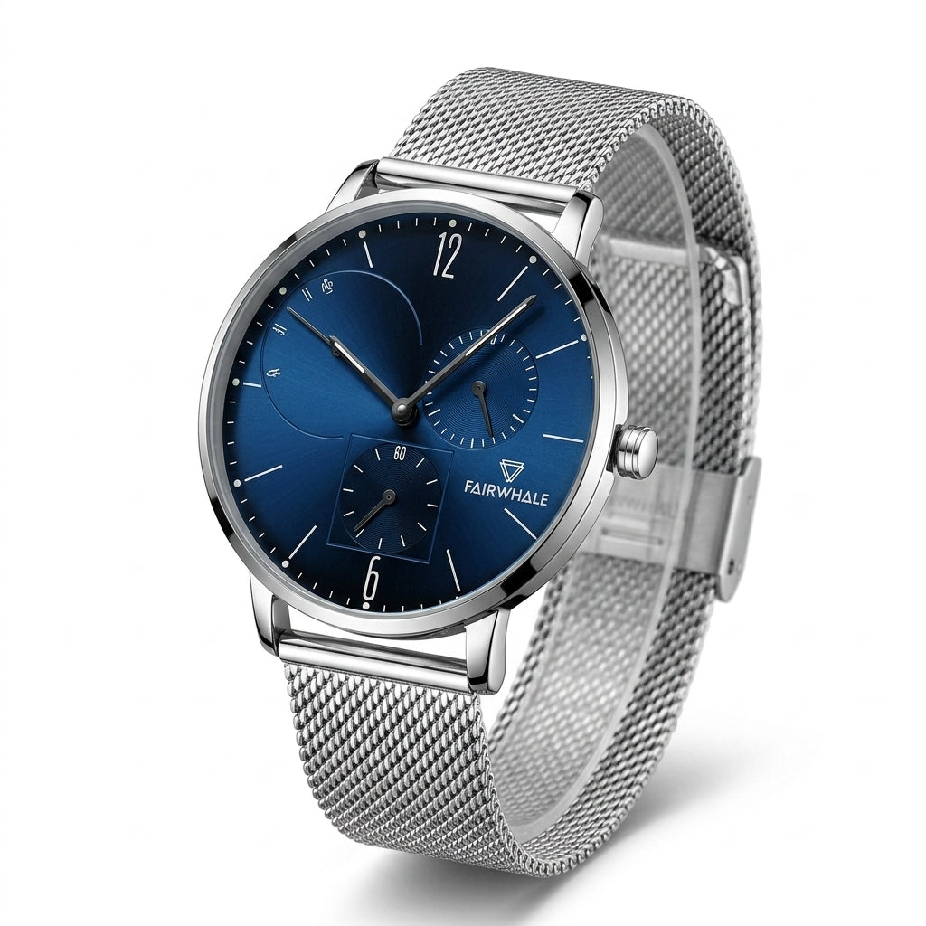 Silver watch with blue dial on a white background
