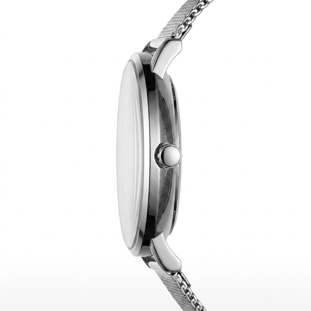 Silver watch with mesh band on a white background