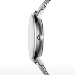 Silver watch with mesh band on a white background