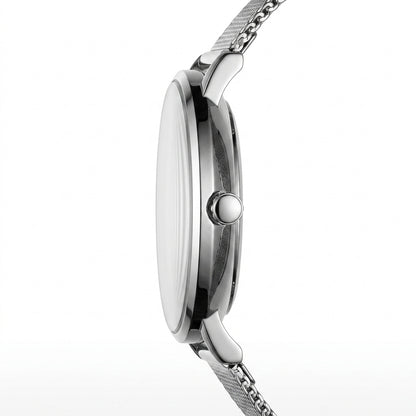 Silver watch with mesh band on a white background