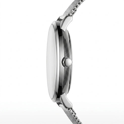 Silver watch with mesh band on a white background