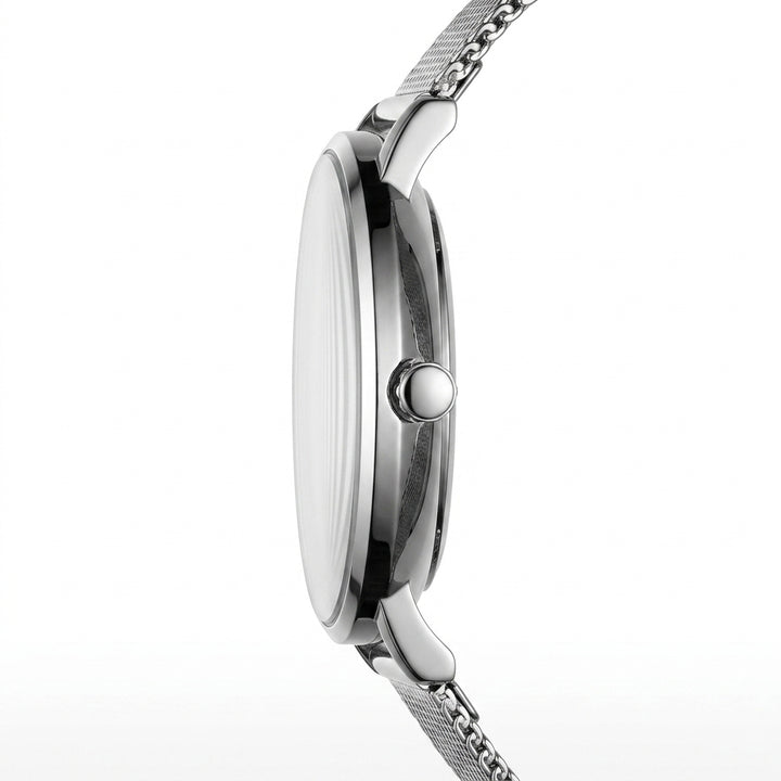 Silver watch with mesh band on a white background