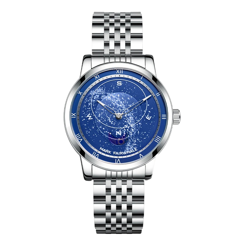 Silver watch with a blue face on a white background