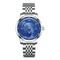 Silver watch with a blue face on a white background