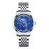 Silver watch with a blue face on a white background