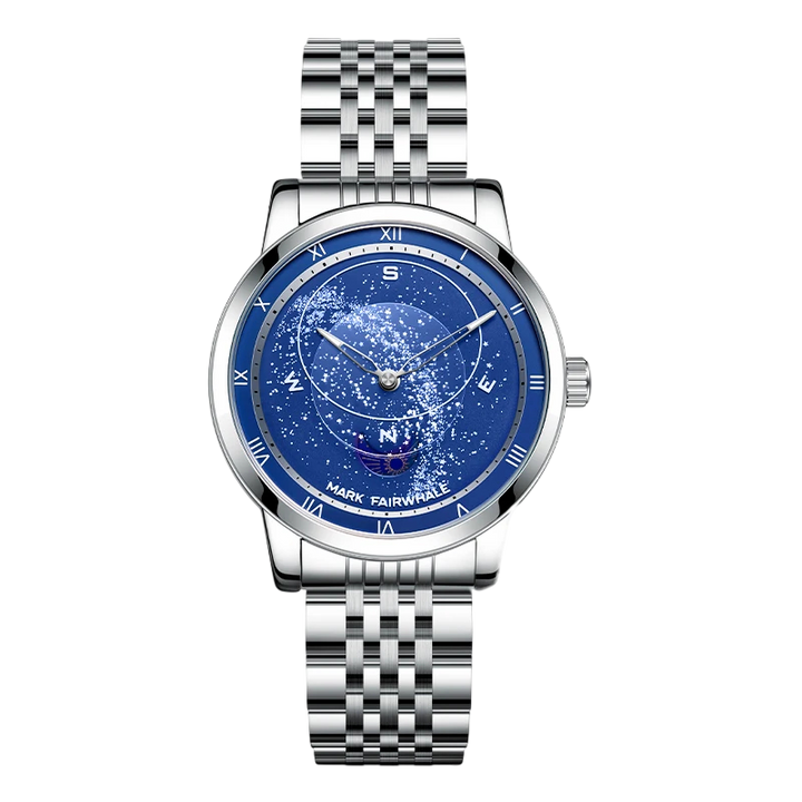 Silver watch with a blue face on a white background