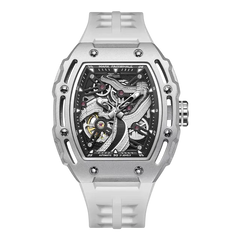 Silver watch with a detailed face on a white background