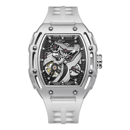 Silver watch with a detailed face on a white background