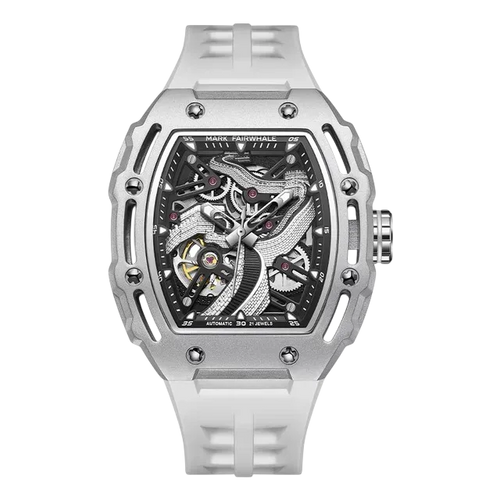 Silver watch with a detailed face on a white background