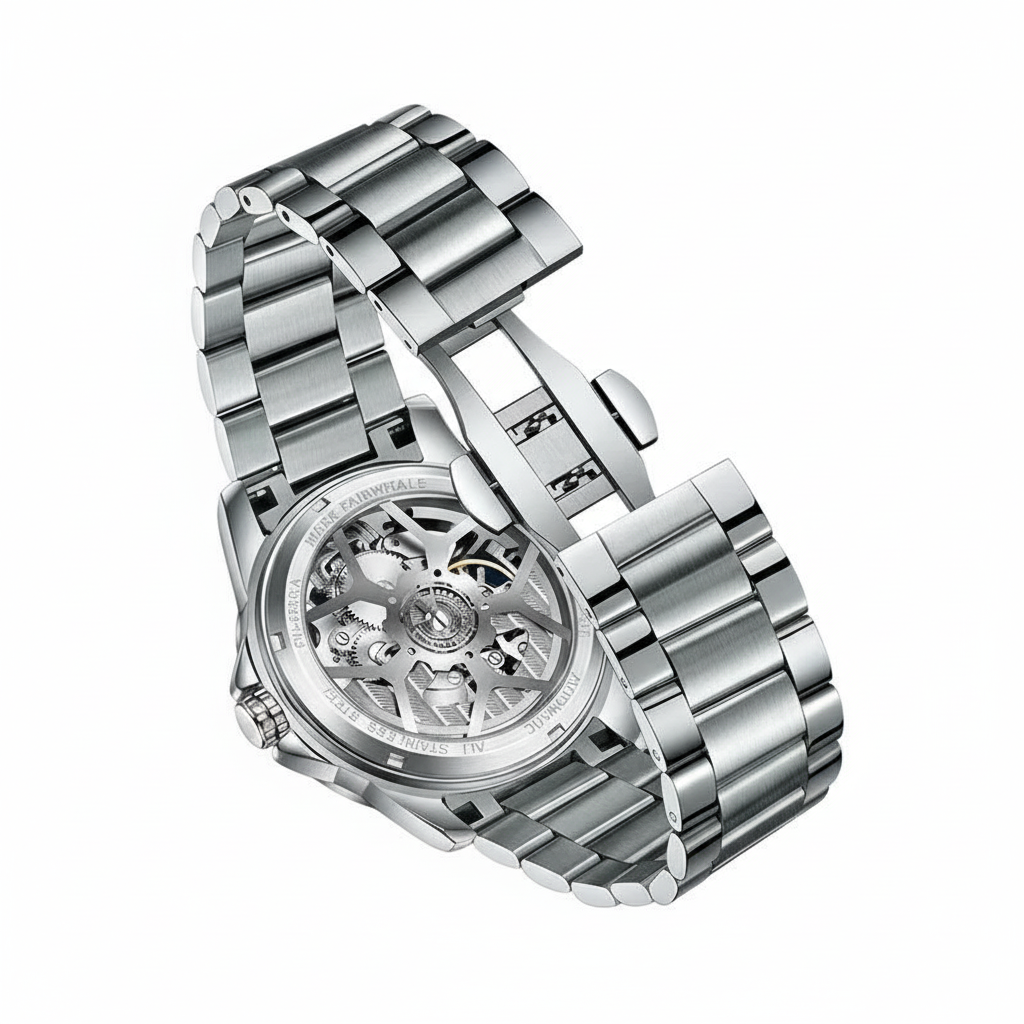 Silver watch with a detailed mechanical face on a white background