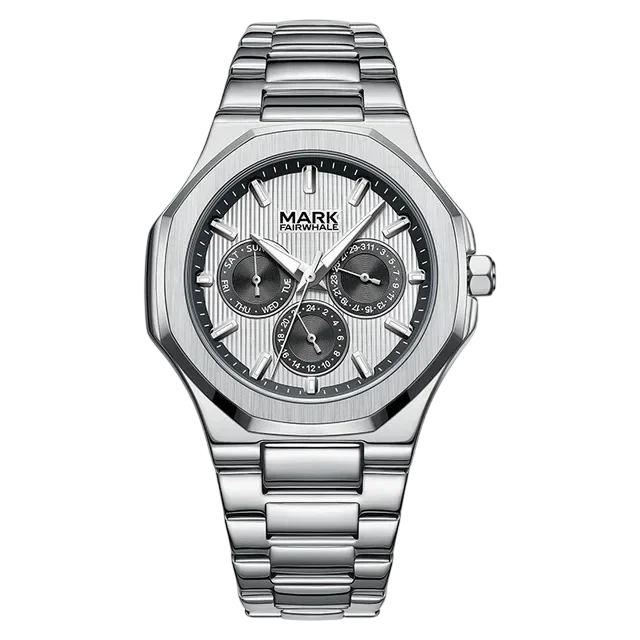 Silver watch with detailed face on a white background