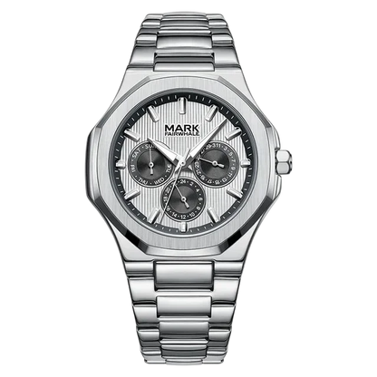 Silver watch with detailed face on a white background