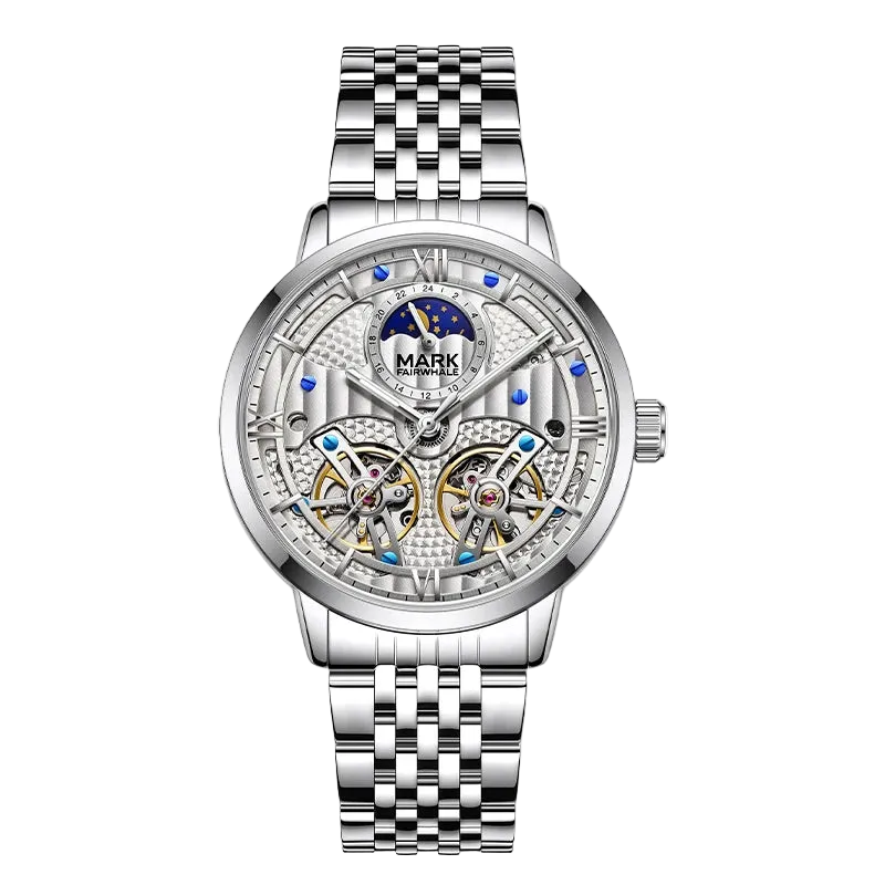 Silver watch with detailed face on a white background