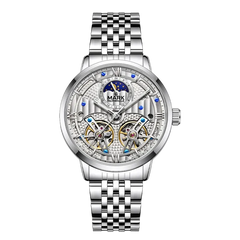Silver watch with detailed face on a white background