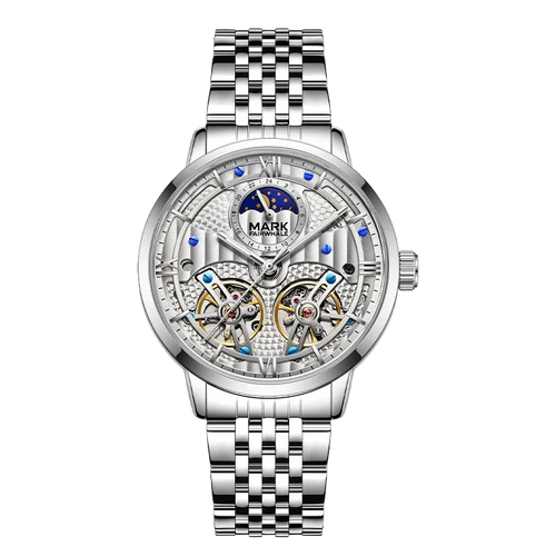 Silver watch with detailed face on a white background