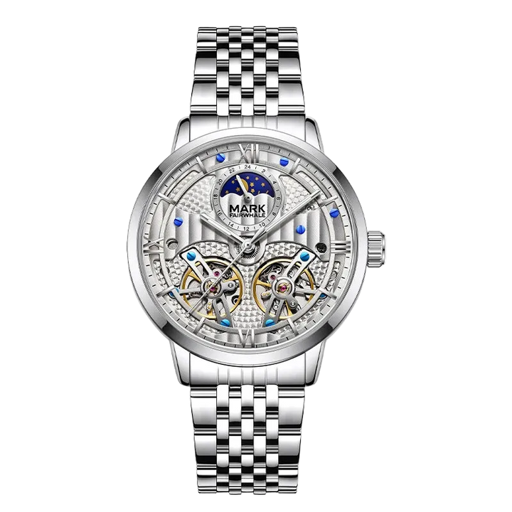 Silver watch with detailed face on a white background