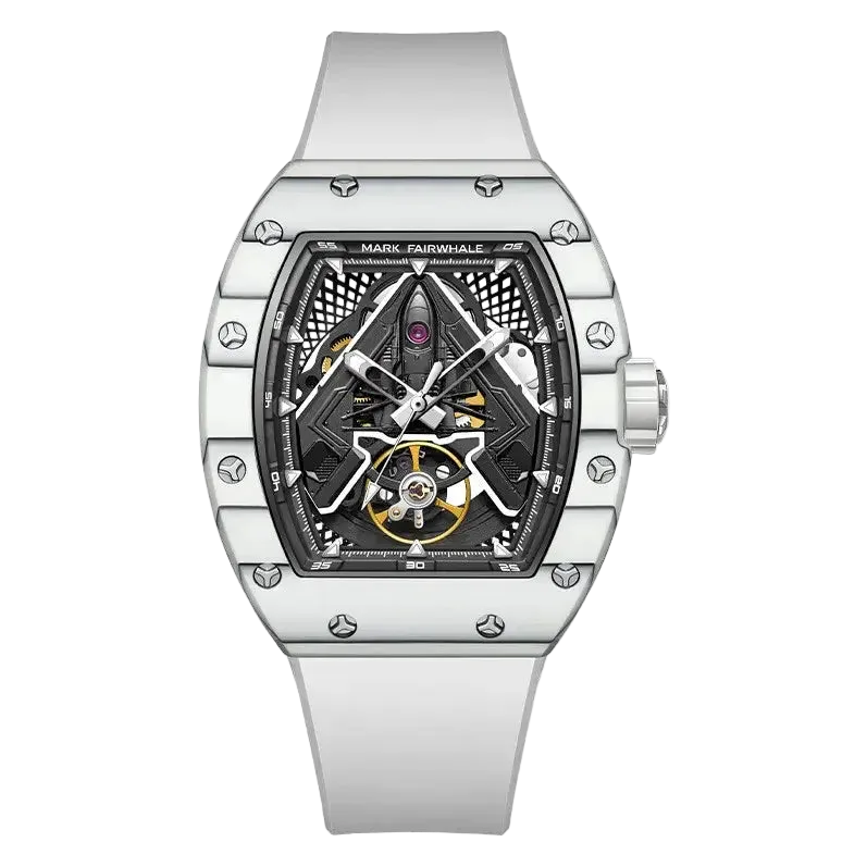 Silver watch with intricate design on a white background