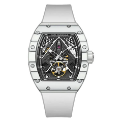 Silver watch with intricate design on a white background