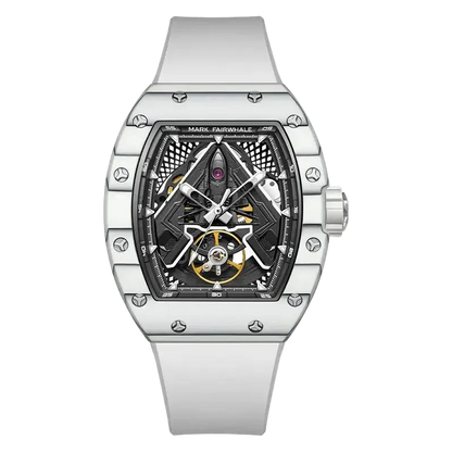 Silver watch with intricate design on a white background