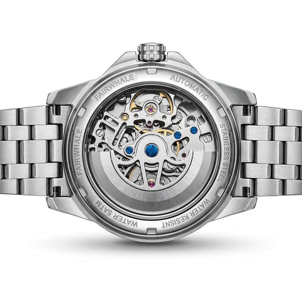 Silver watch with visible mechanical components on a white background