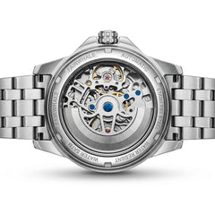 Silver watch with visible mechanical components on a white background