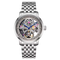 Silver watch with visible mechanical components on a white background