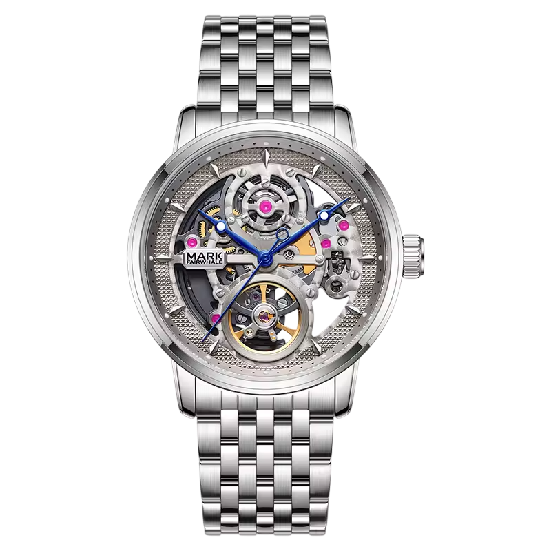 Silver watch with visible mechanical components on a white background