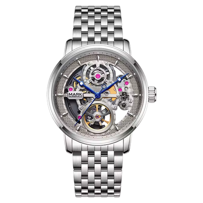 Silver watch with visible mechanical components on a white background