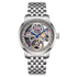 Silver watch with visible mechanical components on a white background