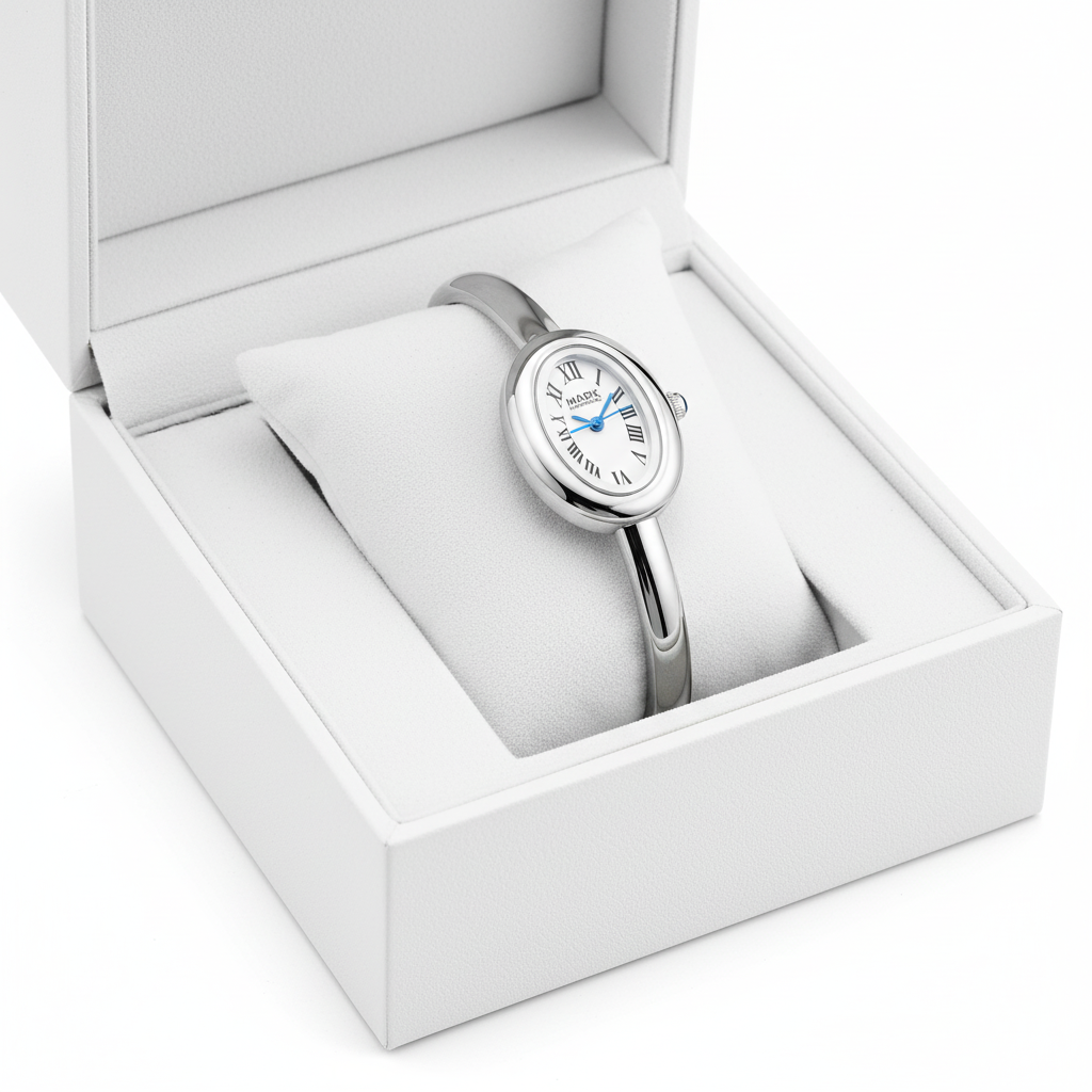 Silver watch in a white box on a white background
