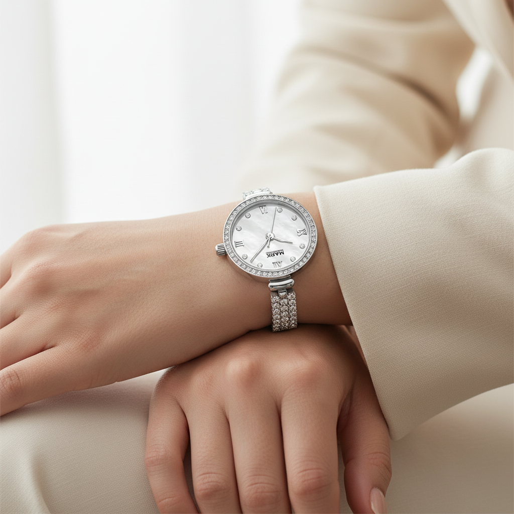 Silver watch on a wrist with a neutral background