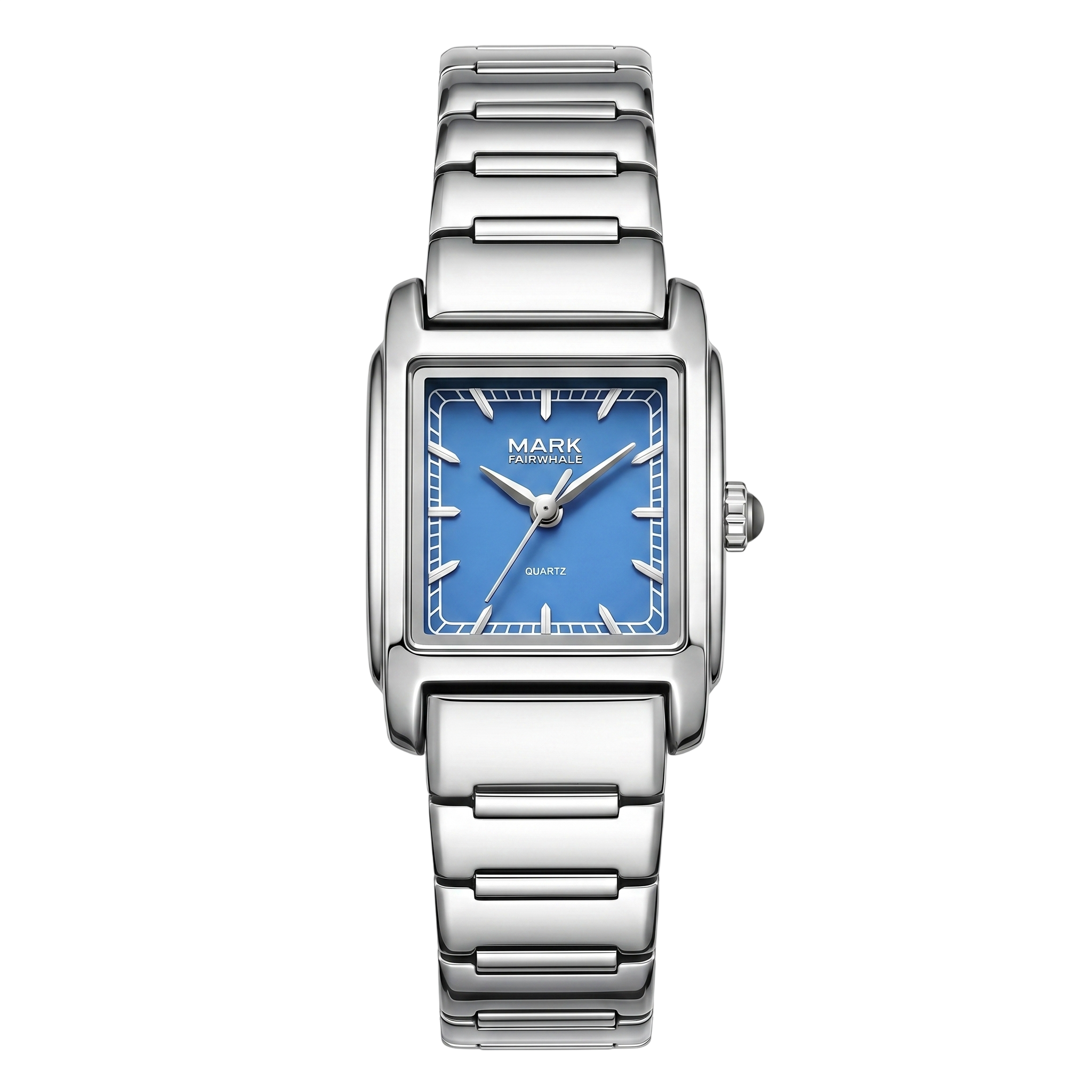 Silver watch with a blue face on a white background