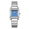 Silver watch with a blue face on a white background